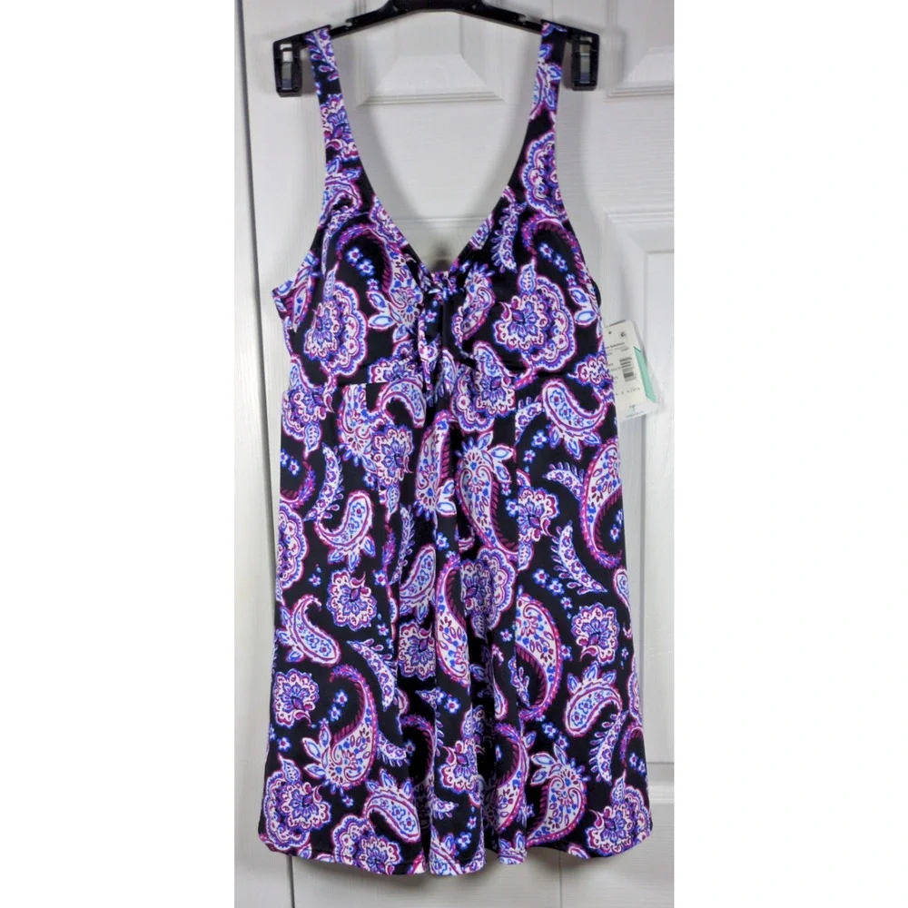 Swim Solutions Swim Dress Women 16 Black Paisley Print Tummy Control Vacay Beach - Picture 3 of 9